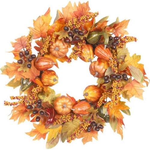 Autumn Theme Door Wreath Artificial Pumpkin Berries Pine Cone Maple Handmade Thanksgiving Wall Decor Home Decoration Vine Ring