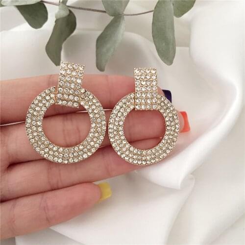 Luxury Party Decoration Gold Color Plating Clear Stone Paving Around Circle Stud Earrings For Women Elegant Gorgeous Jewelry