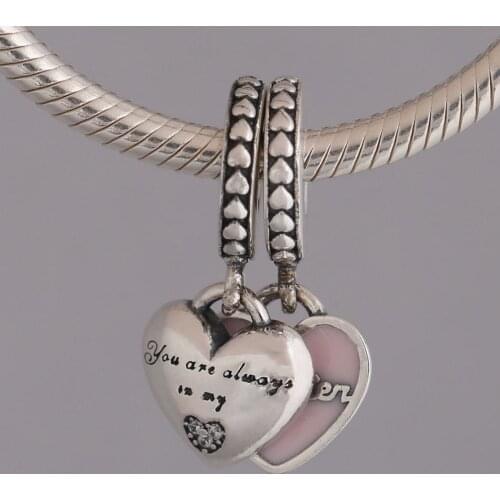 S925 Silver Pendant DIY Jewelry Mother & Daughter Hearts Dangle Charm fit Lady Bracelets Pink Enamel Heart Bead