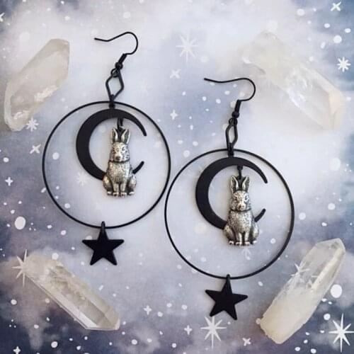 Moon Star Lepus Earrings Creativity Handmade Jewelry Wicca Big Weird Darkness Witch Women Gift Goth Statement Hallowee Grunge