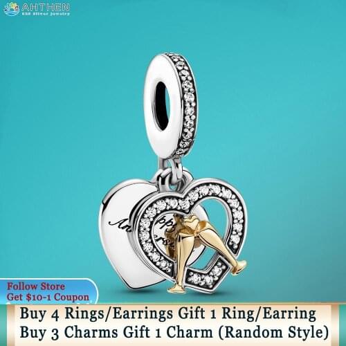 Ahthen 925 Sterling Silver Charm Two-tone Happy Anniversary Dangle Charm fit Original Pandora Bracelets for Women Jewelry Making
