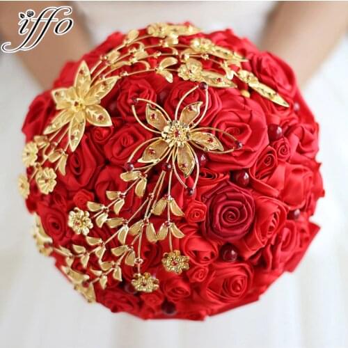 Wedding bouquet Bride holding flowers New arrival Red & Gold Wedding Rose Bride 's Bouquet DIY Bridal Bridesmaid Bouquets