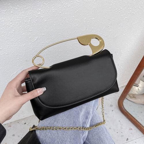 Big Pin Top Handle Handbags For Women Pu Leather Crossbody Bags Metal Chain Leather Shoulder Bags Female Clutches Ladys Hand Bag