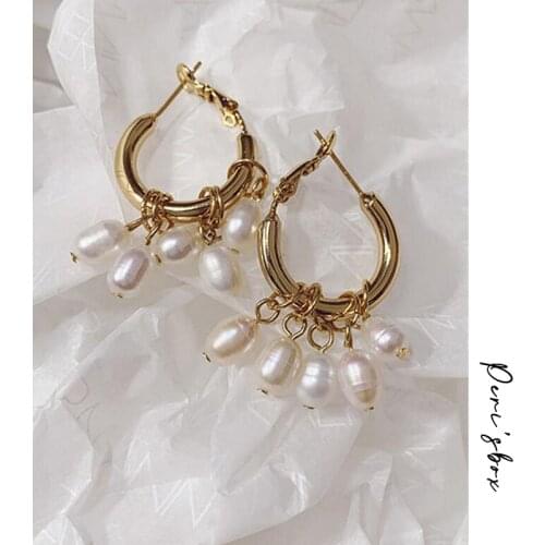 PerisBox Gold Circle Genuine Freshwater Pearl Hoop Earrings Cluster Pearl Charm Earrings Hoops Bohemia Pearl Earrings for Women