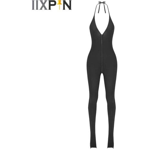 Womens Erotic One-piece Ultra-thin Lingerie Bodysuit Sexy Halter Neck Sleeveless Backless Zippered Sexy Leotard Bodysuit Catsuit