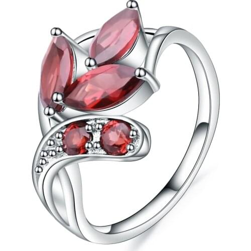 GEMS BALLET 2.38Ct Natural Red Garnet Gemstone Ring 925 Sterling Silver Leaf Shape Rings For Women Wedding Fine Jewelry