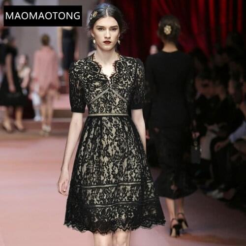 New 2021 Fashion Designer Summer Sexy Lace Dress Womens V-neck Short sleeve Black/Red Hollow out Party Mini Dress