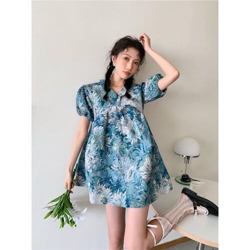 2021 Summer Vintage Dress For Women Garden Oil Painting Blue Puff Sleeve Ladies Retro Flower Mini Dresses