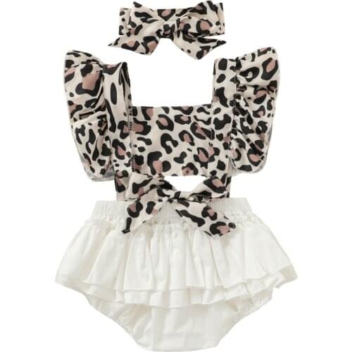 2021 0-24M Cute Infant Baby Girl Romper Leopard Print Ruffle Fly Sleeve Square Collar Hollow Bow Layered Playsuit+Headband 2pcs