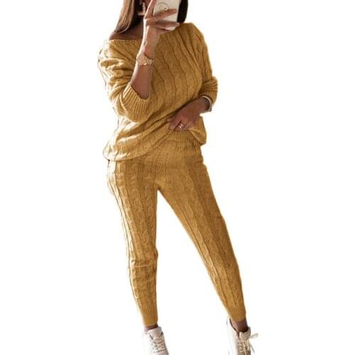 2Pcs/Set plus size Winter Sweater pants Women set Solid Color Off Shoulder Long Sleeve Sweater Knitted Pants