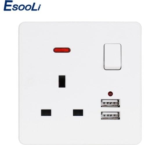 Esooli White Wall Power Socket 13A UK Standard Switched Outlet 2.1A Dual USB Fast Charger Port LED indicator