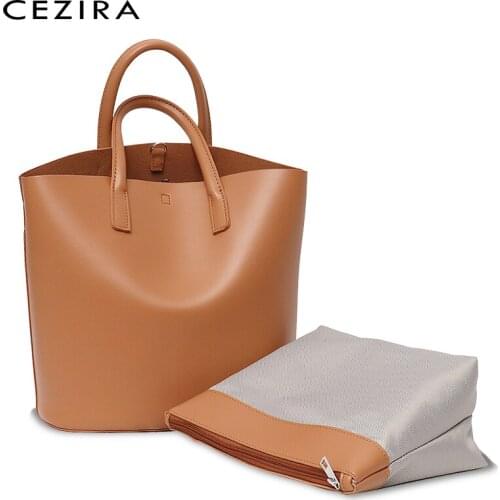 CEZIRA Women High Quality PU Vegan Leather Handbags Fashion Simple Design Top-handle Bucket Tote Female Crossbody Shoulder Bags