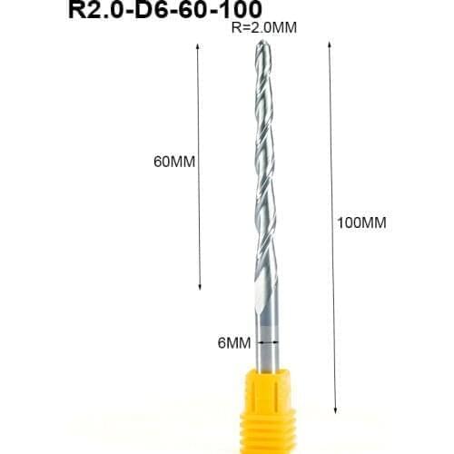 4pcs/lot Tungsten Solid Carbide R2.0xD6x60x100mm Ball Nose Tapered End Mills Router Bit cnc Taper Wood Metal Milling Cutters