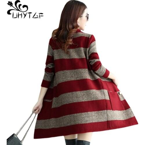 UHYTGF Fashion striped knit Plus size cardigan sweater coat long-sleeved double-breasted women autumn winter sweater jacket 1211