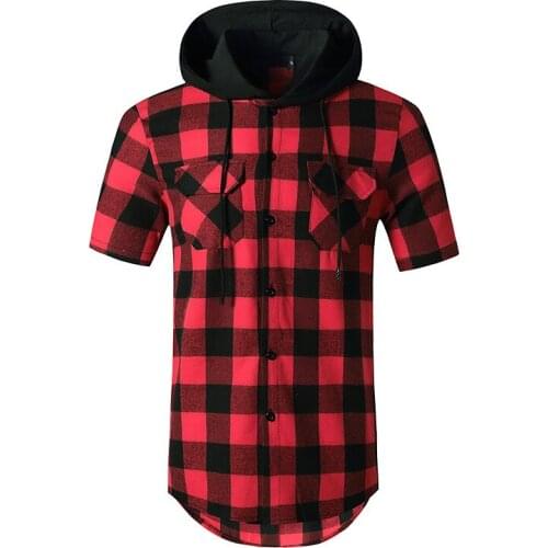 #4751 Red Blue Black Plaid Shirt Men Long Sleeves Summer Asymmetrical Plaid Shirt With Hooded Streetwear Hip Hop Long Shirt Men