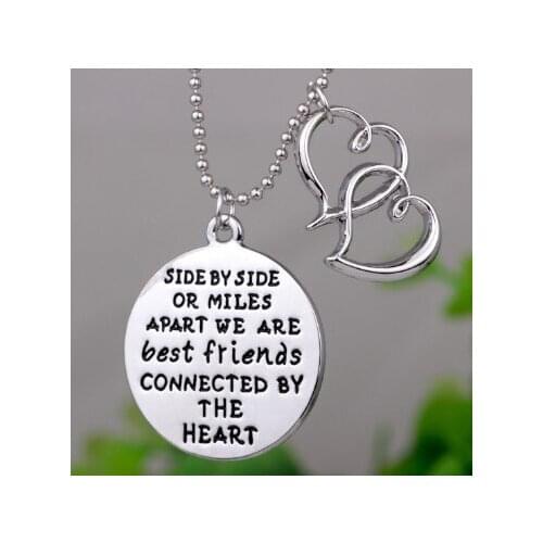 N216 Fashion Jewelry side by side or miles apart we are best... silver Plated Letter Friendship necklace double heart necklace