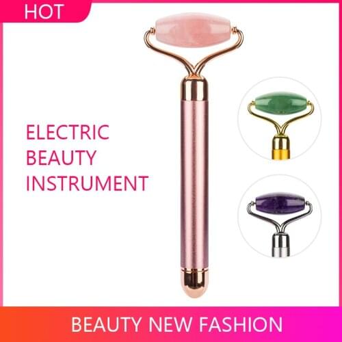 Natural Rose Quartz Jade Roller Stone Electric Vibrating Facial Massager for Face Lifting Massage Roller Skin Care Beauty Tool