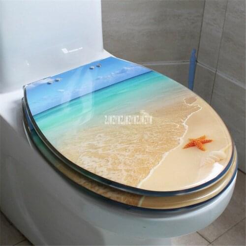 New Hot 47*38CM High-grade Beautiful Beach Pattern Resin Thickened Stainless Steel Hinges Toilet Seat Cover U/V/O Type Universal