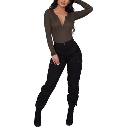 New Fashion Women Ladies Winter Casual High Waist Pants Pencil Skinny Pocket Long Slim Trousers Cargo Pants Black