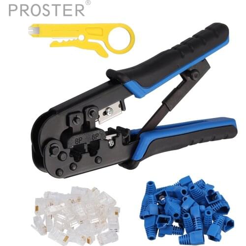 Proster for RJ45 Crimp Tool with 30pcs Cat5 Blue Covers 100 pcs 6 inch for Nylon cable tie Cut and Strip Tool Network Wire Strip