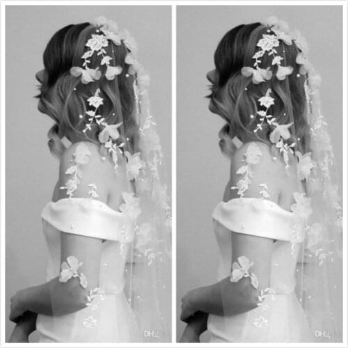 One Layer Pearl Bridal Veils 3D Flower Lace Appliqued Bridal Accessories 3M Simple Veil For Bride Custom Made