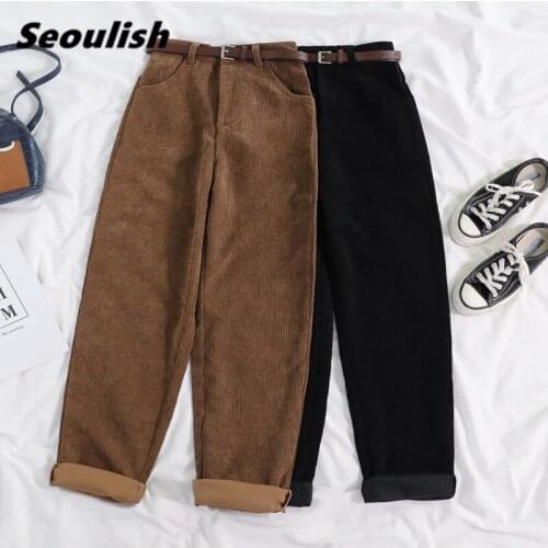 Seoulish Autumn Winter Corduroy Womens Pants with Belt Fashion New 2021 High Waist Straight Pants Streetwear Loose Trousers