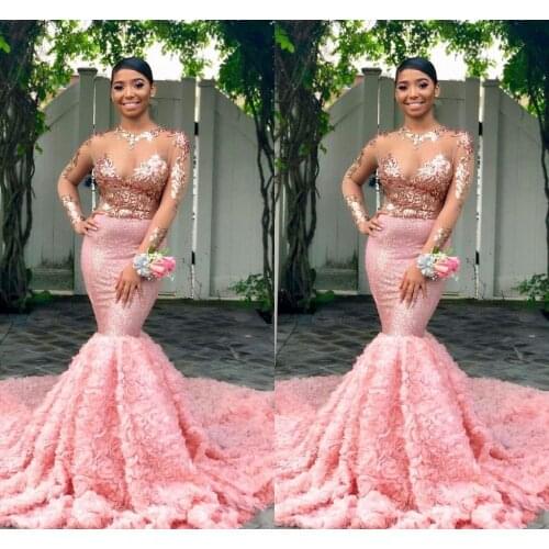 Rosa Langen Ärmeln Schwarz Mädchen Prom Kleider 2019 Meerjungfrau Formal Pageant Ferien Tragen Graduation Abend Party Kleid Nach