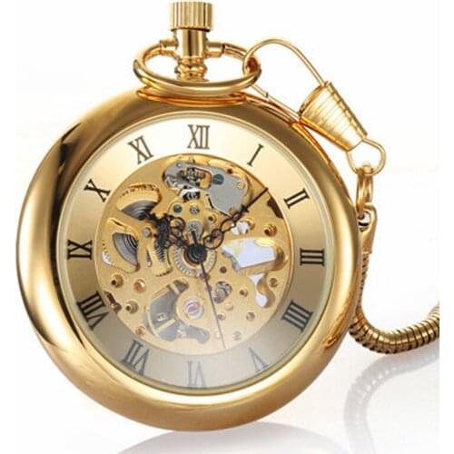Luxury Gold Skeleton Mechanical Pocket Watch Roman Numerals Antique Hand Winding FOB Chain Men Women Golden Chain Watches Gifts