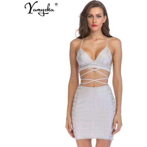 Sexy Plaid gray Sequins summer dress Women V neck vestido bandage bodycon dress Luxury Bling Night club Queen party dresses New