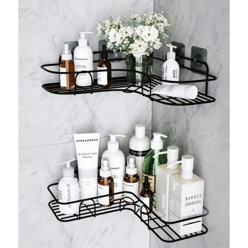 Punch Free Corner Frame with Suction Cup Wrought Iron Bathroom Shelf Shower Caddy Storage Rack WC Accessories Shampoo Holder