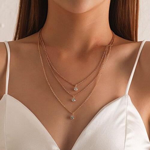 Vintage Multilayer Chains Rhinestone Zircon Pendant Necklace for Women Temperament Geometric Clavicle Necklace Jewelry Kolye