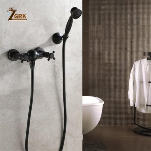 ZGRK Luxury Bathroom Black Shower Faucet with Hand Shower Wall Mount Single Handle Solid Brass Bathtub Shower Mixer