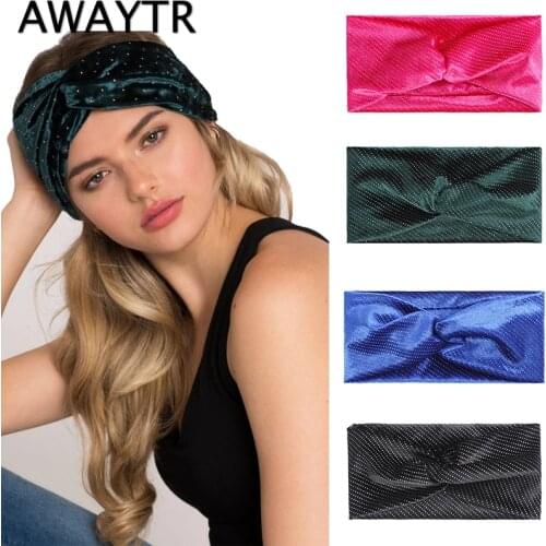AWAYTR Winter Women Velvet Sparkling Headband Cross Top Knot Elastic Hair Bands Soft Solid Girls Hair Accessories Headwrap