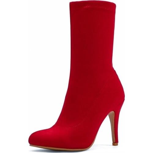 New Fashion Women Shoes Ankle Boots 10CM High Heel Stretch Boots Red Green Yellow Pink Big size Boots