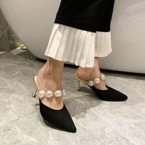 Cover Toe Ladies' Slippers 2021 Shoes Thin Heels pu Luxury Slides Slipers Women Shallow high Heeled Mules Pointed Designer