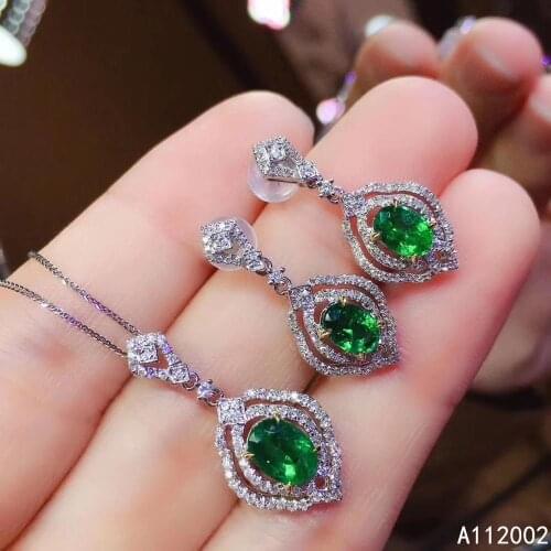 KJJEAXCMY fine jewelry natural Emerald 925 sterling silver women pendant necklace chain earrings set support test classic