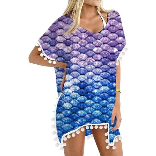 Womens Swimwear Beach Cover Up Trim Kaftan Chiffon Tassels Swimsuit Beach Dress Loose Bikini Cover-ups Tops Boho Bathing Suit