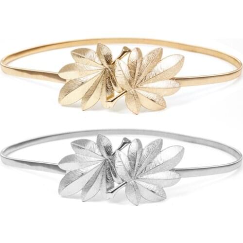 Women Bridal Skinny Waistband Maple Leaf Shape Metal Buckle Glitter Solid Color Elastic Wedding Dress Waist Belt Cummerbunds