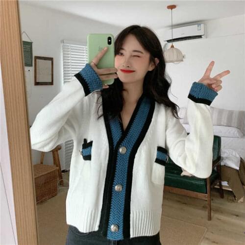 Wenfly Womens Cardigan Sweater Knitting Clothes Korean V-Neck Stripe Single Breasted Long Sleeve Femme Outerwear Clothes