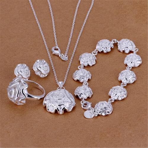 Fashion charm 925 sterling Silver Rose flower Pendant necklace rings Bracelet earrings stud Jewelry set women Fashion Party gift