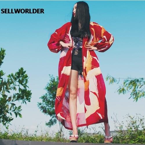 2021 Woman Japanese Kimono Style Red Sun West Oblique Crane Shadow Sun Protection Shirt Super Loose Top