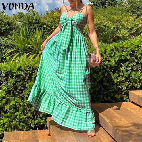 Women Summer Dress Bohemian Plaid Long Maxi Dress 2021 VONDA Beach Summer Sundress Sexy V Neck Ruffled Party Vestido Robe Femme