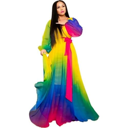 2021 Autumn New Fashion Dress Printed Ladies Color Pattern Dress Sexy Beach Red Chiffon Ladies Fashion Big Swing Long Dress New