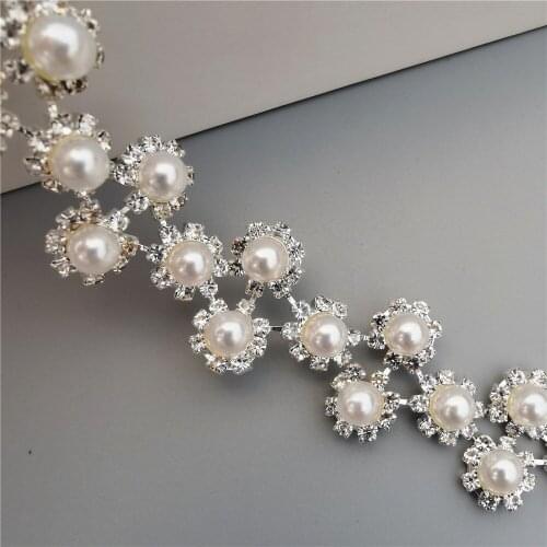 1yard Flower Round Pearls Rhinestones Trim Ribbon Crystal Metal Chain for Dress Collar Bag Shoes Accessories 2.2cm Width