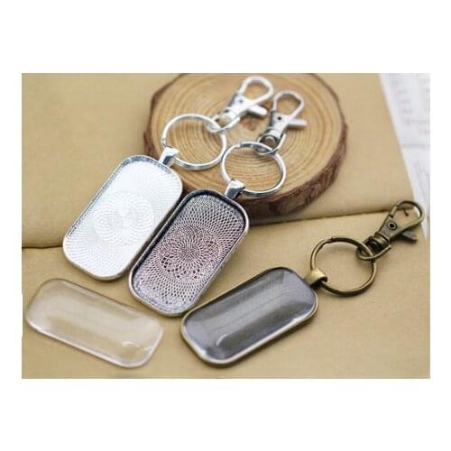 10kits 25X50mm Round Corner Flower Pendant Key Chain Include Base+Glass+Lobster+Split Ring For DIY Accessories Decoration Making