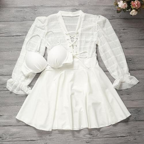 2021 Women White Long Sleeve One Piece Swimwear Push Up Bathing Suit Bandage Swim Beach Dress Swimsuit Sexy Beachwear Swimdress