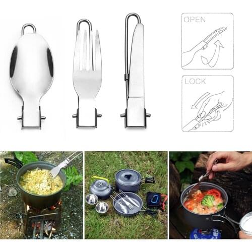 3 in1 Portable Outdoor Stainless Steel Camping Travel Picnic Foldable Stainless Steel Cutlery Set Spoon Fork Knife tableware