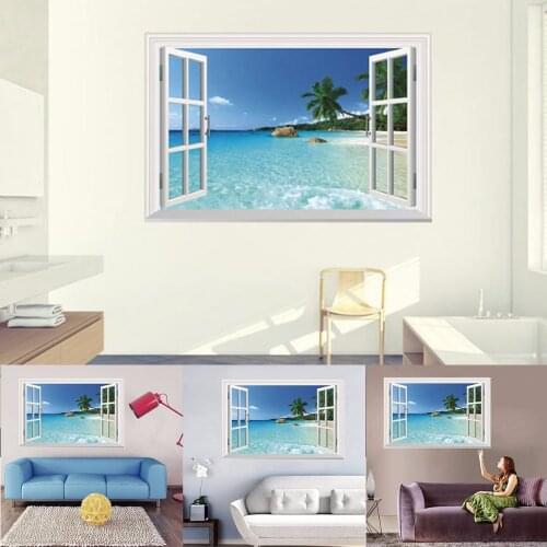 3D Removable Beach Sea 3D Window Scenery Seascape View Wall Sticker Home Decor Decals Mural Waterproof Art Wall Paper Poster