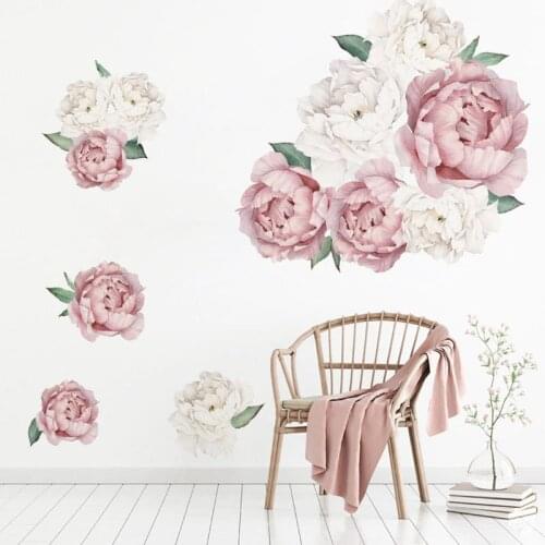 Watercolor Pink White Peony Rose Flowers Wall Stickers for Kids Room Living Room Bedroom Home Decoration Wall Decal Home Decor