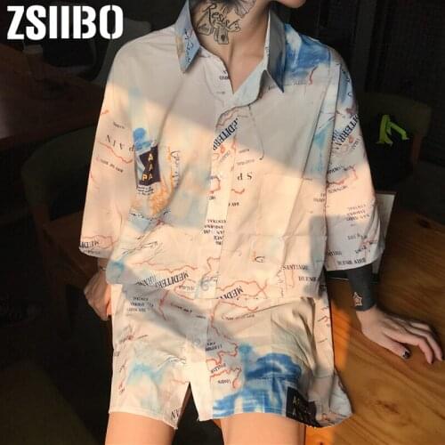 Korean women blouse street Harajuku BF wind wild retro nautical chart printing loose summer men and women couple chiffon shirt